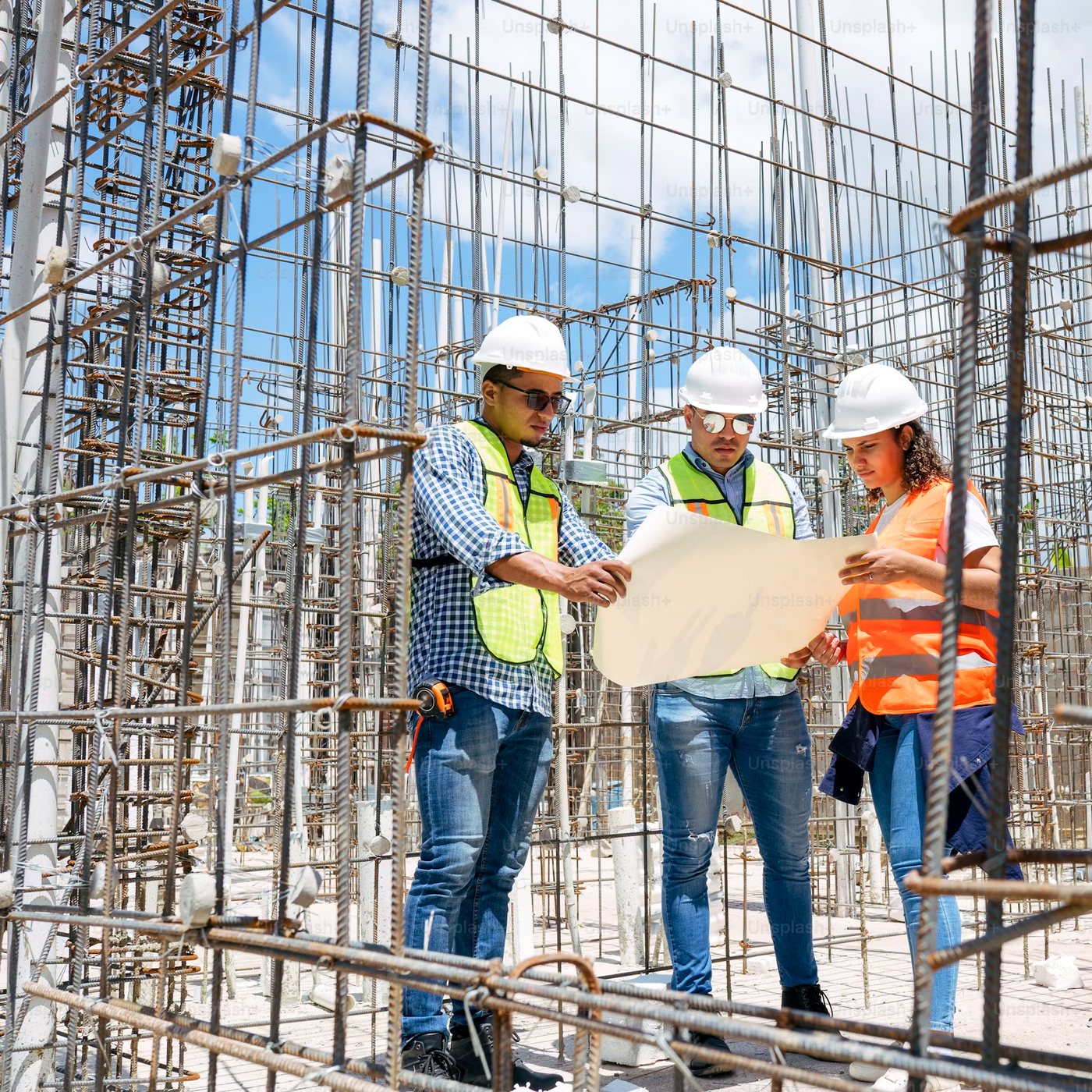 Site team reviewing drawings against a reinforcement cage